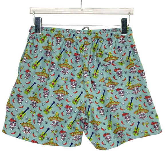Amiani L Blue Colorful Sugar Skull Pepper Sombrero Guitar Swim Trunk Shorts - Picture 2 of 9
